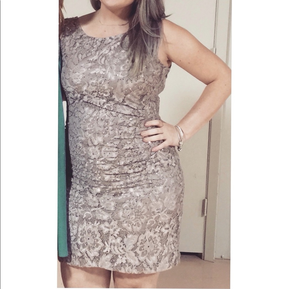 Cocktail dress. Sequined lace. Tan size 10p